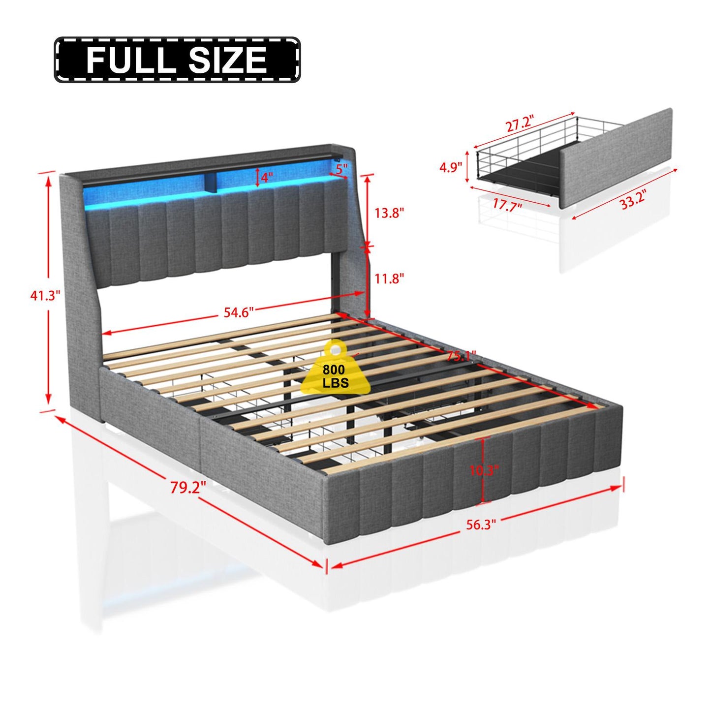 Full-size LED bed frame with winged headboard design for extra storage space