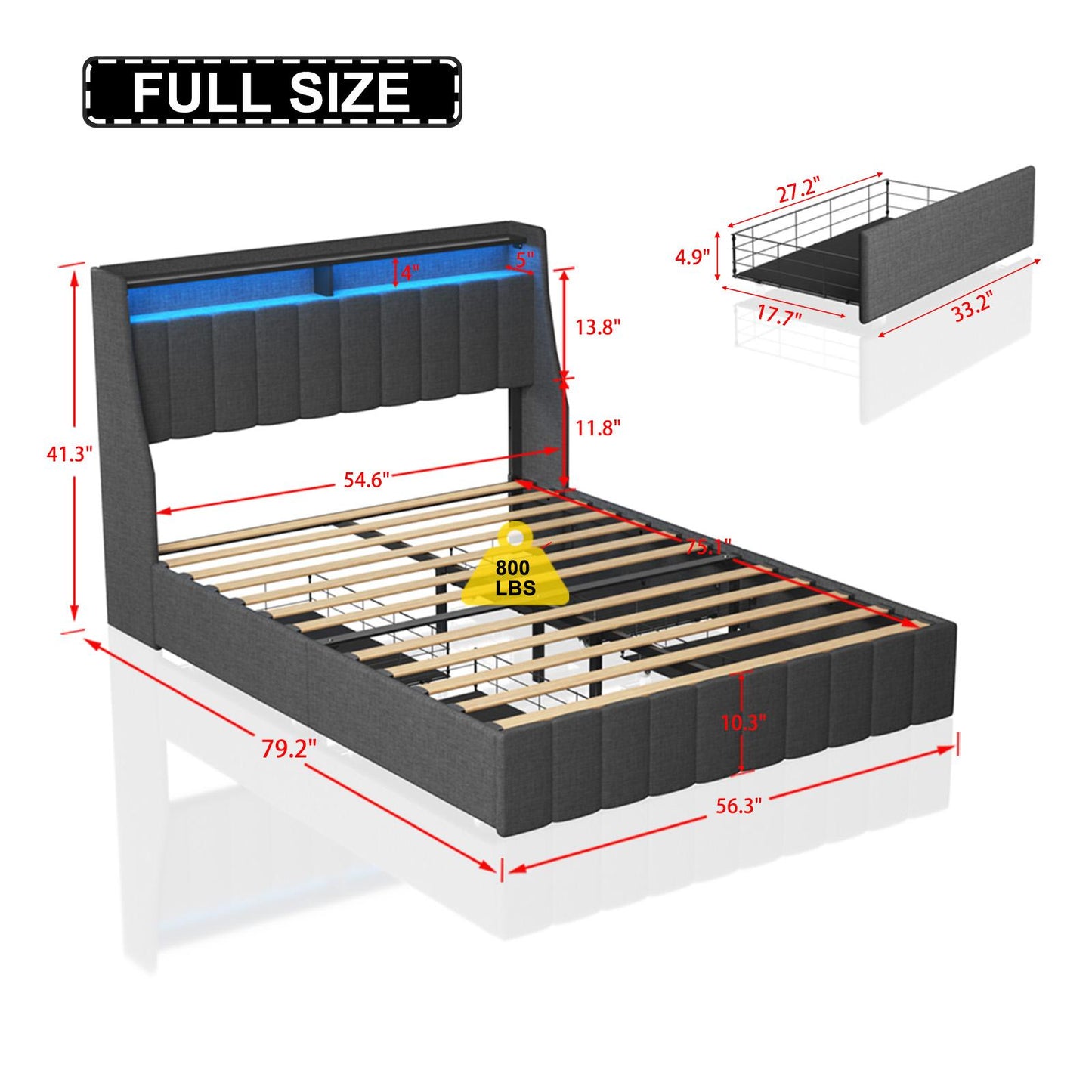 Full-size LED bed frame with winged headboard design for extra storage space