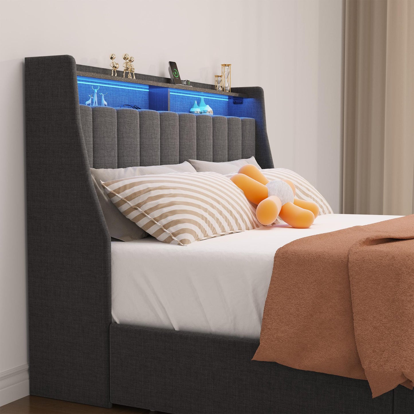 Full-size LED bed frame with winged headboard design for extra storage space