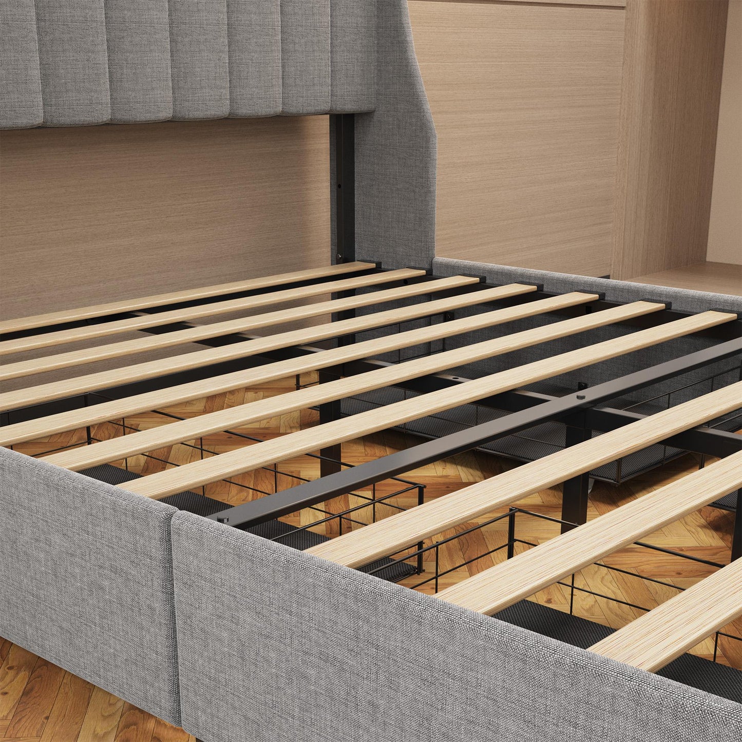 Full-size LED bed frame with winged headboard design for extra storage space
