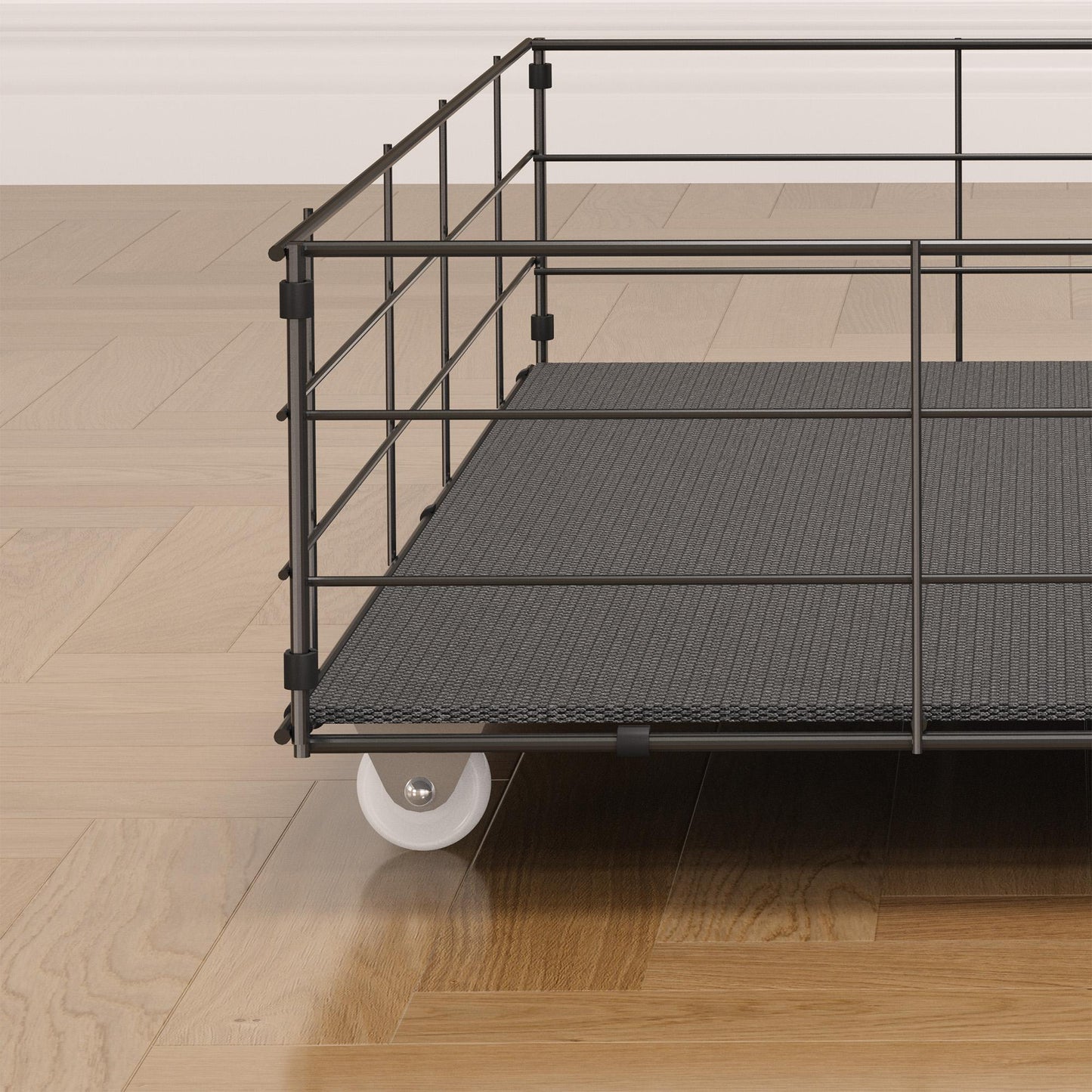 Full-size LED bed frame with winged headboard design for extra storage space