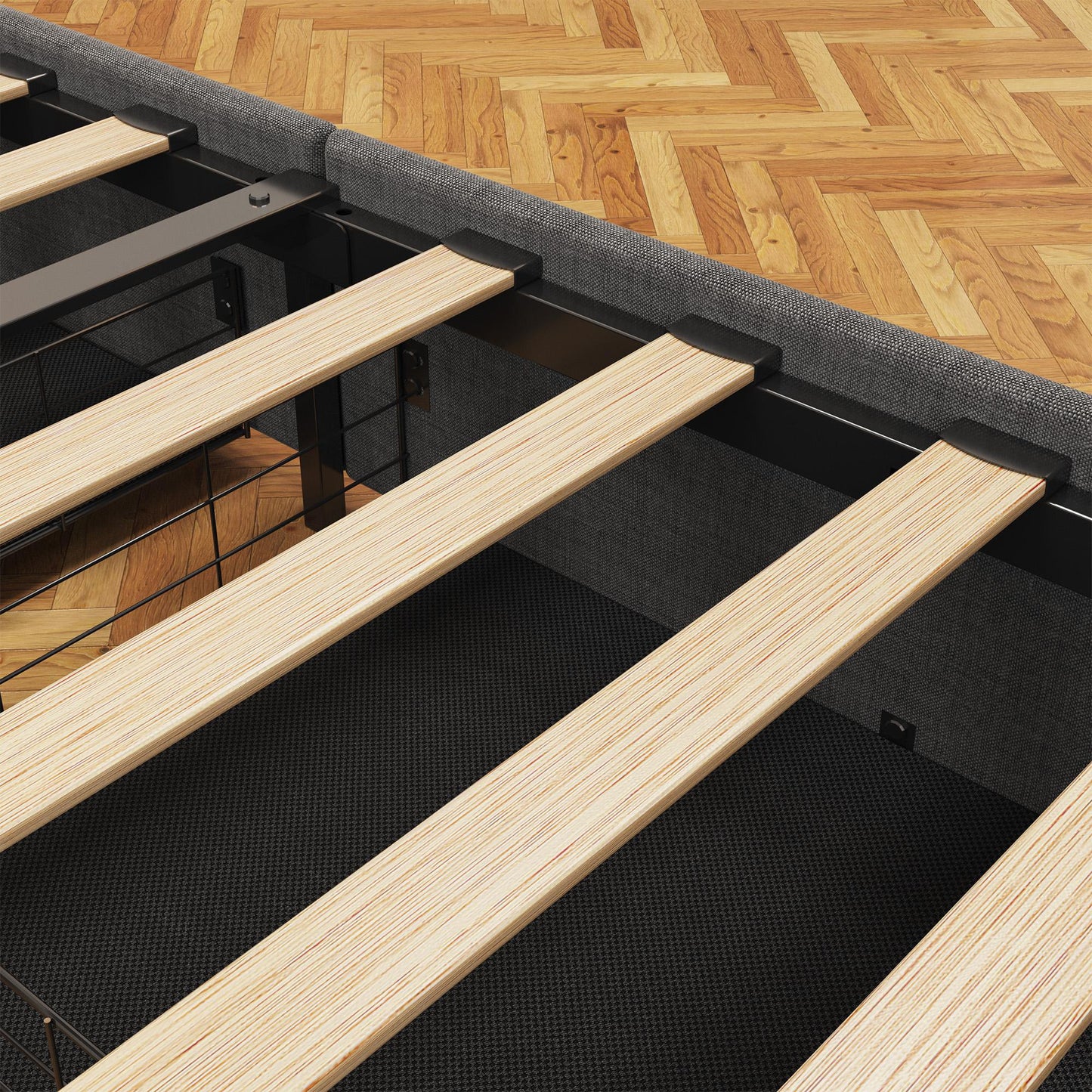 Full-size LED bed frame with winged headboard design for extra storage space