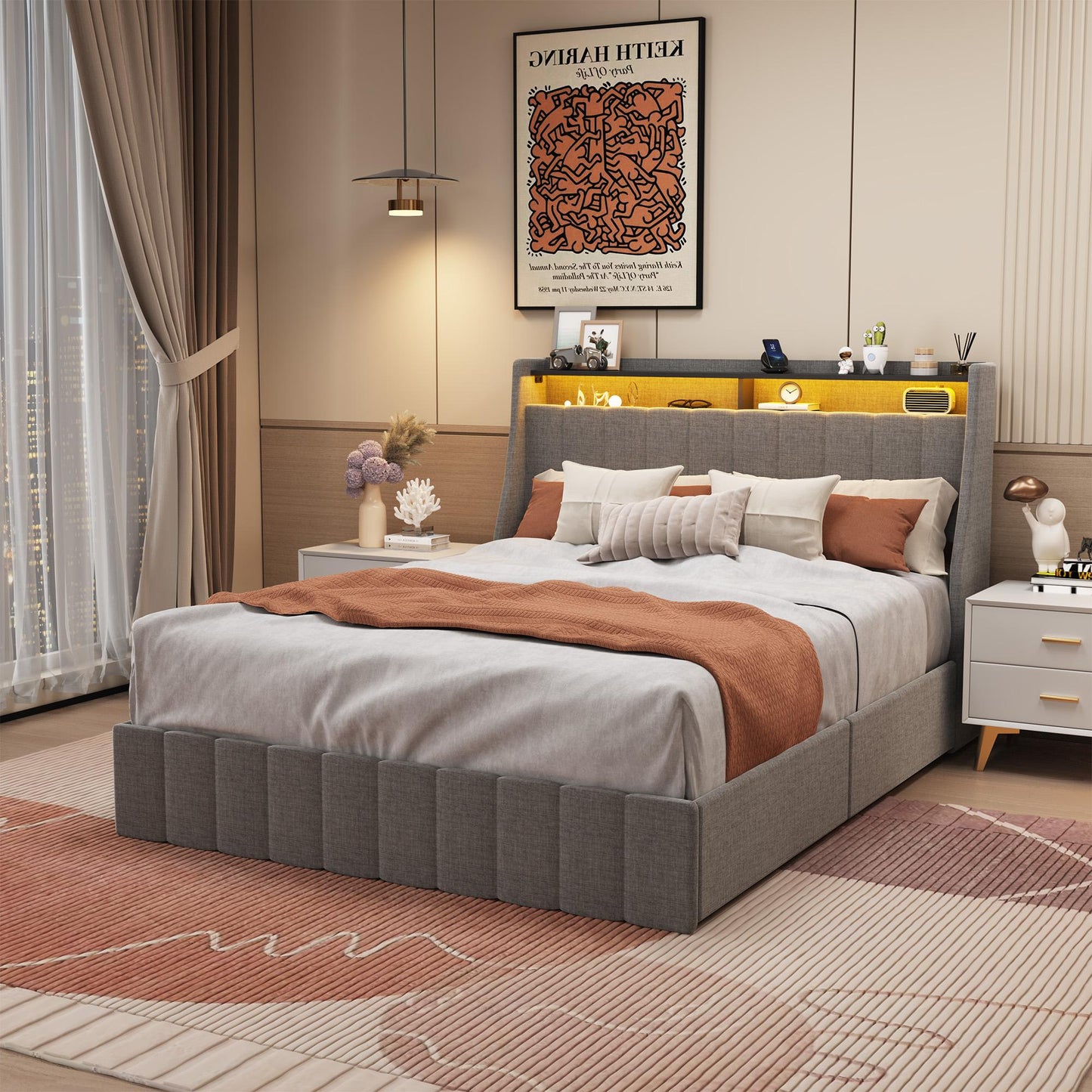 Full-size LED bed frame with winged headboard design for extra storage space
