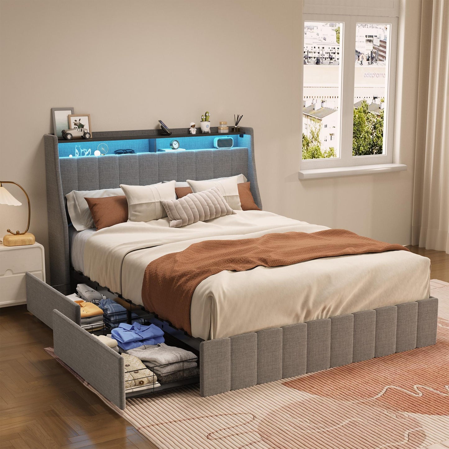 Full-size LED bed frame with winged headboard design for extra storage space