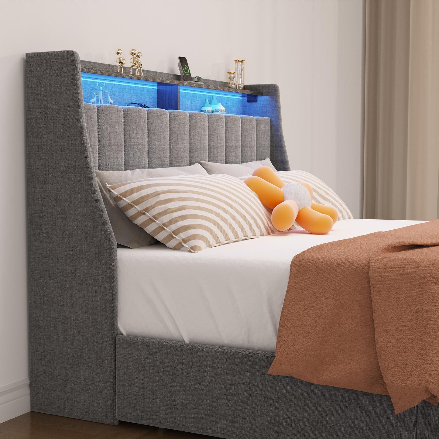 Full-size LED bed frame with winged headboard design for extra storage space