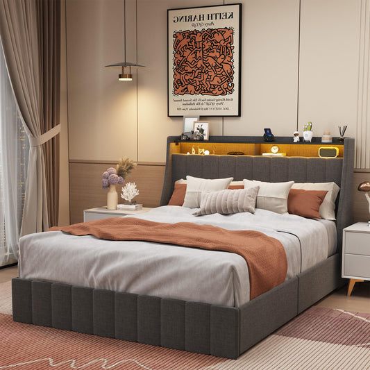 Full-size LED bed frame with winged headboard design for extra storage space