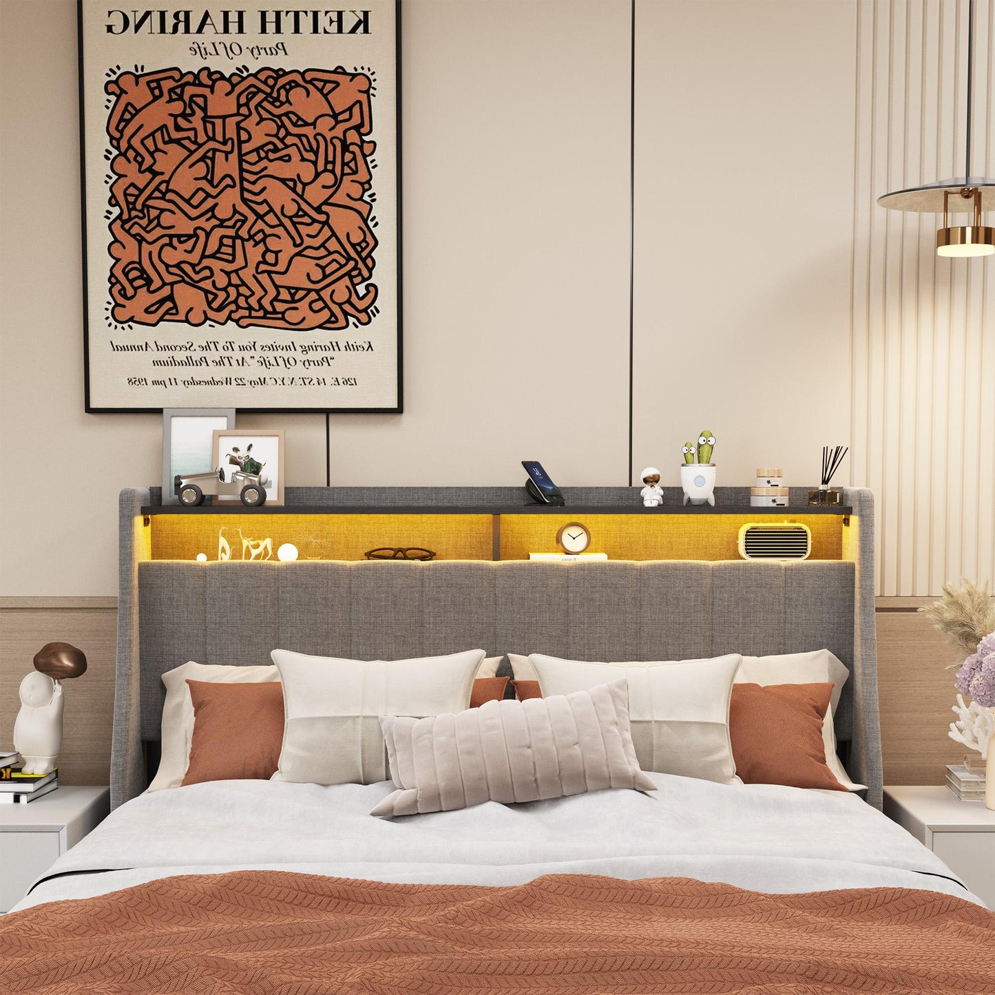 Full-size LED bed frame with winged headboard design for extra storage space