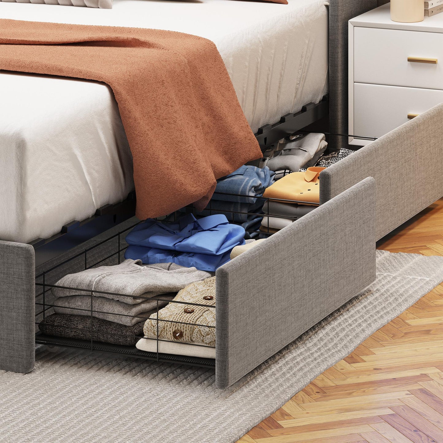 Full-size LED bed frame with winged headboard design for extra storage space