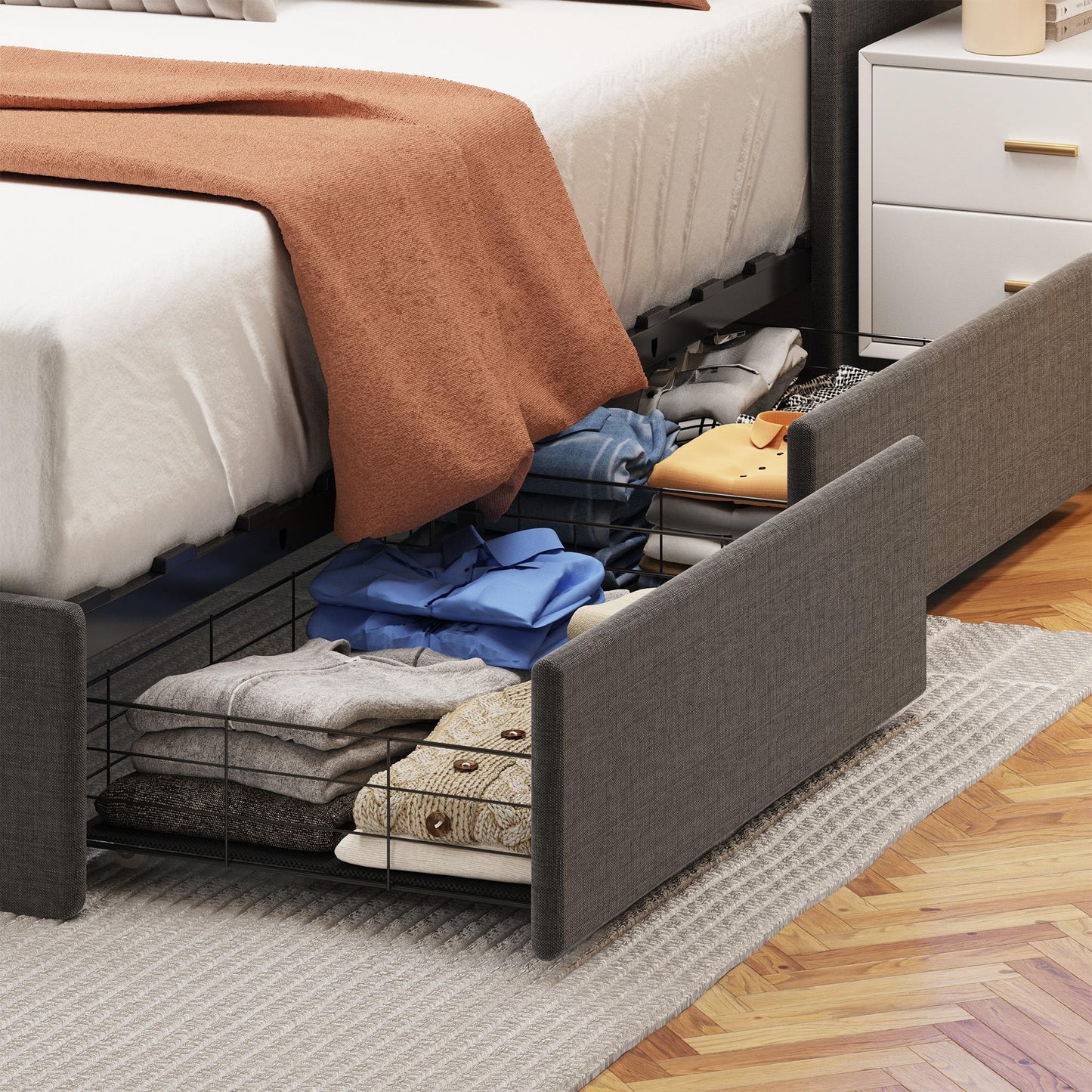 Full-size LED bed frame with winged headboard design for extra storage space