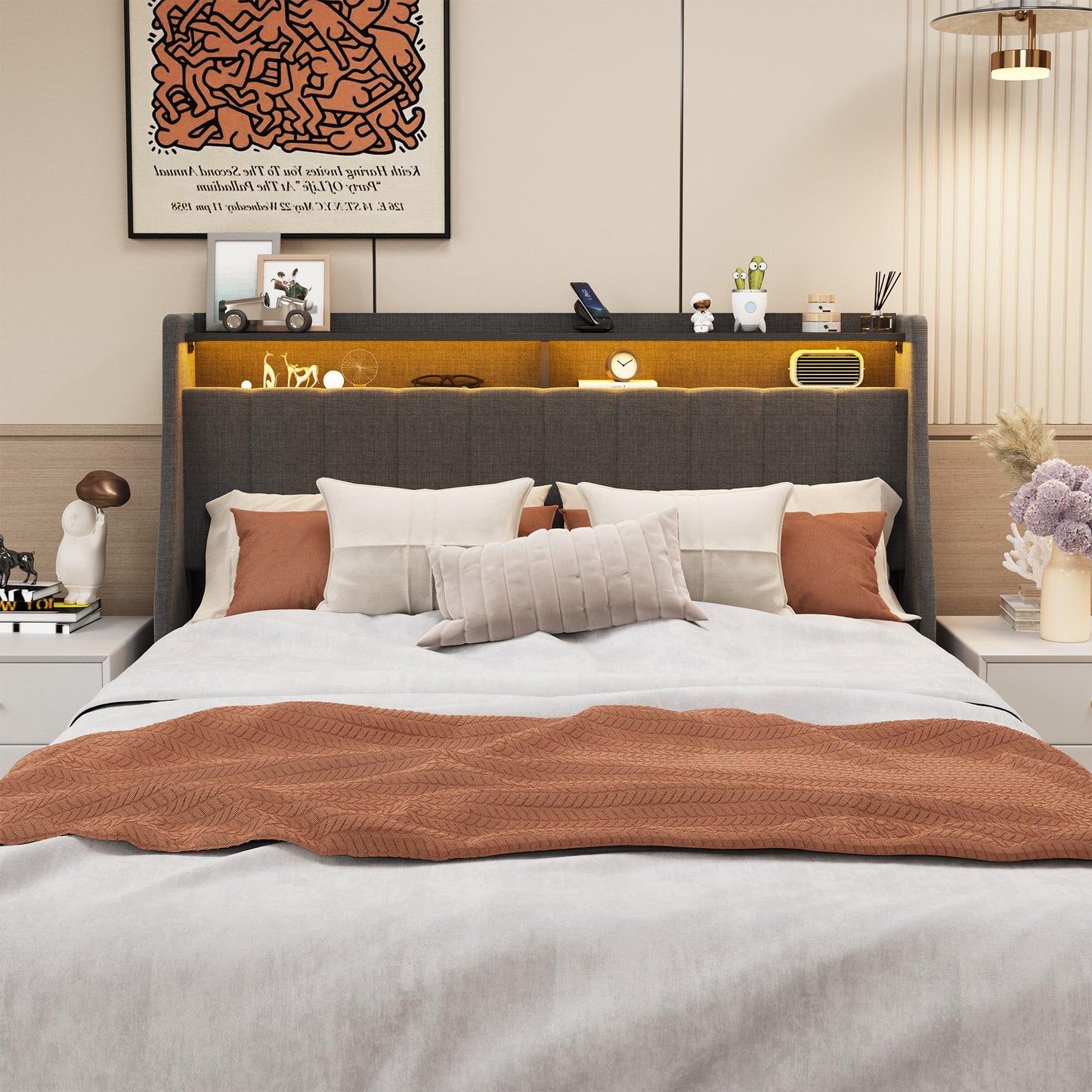 Full-size LED bed frame with winged headboard design for extra storage space